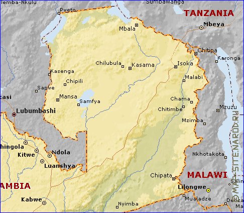 mapa de Zambia em ingles