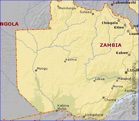 mapa de Zambia em ingles