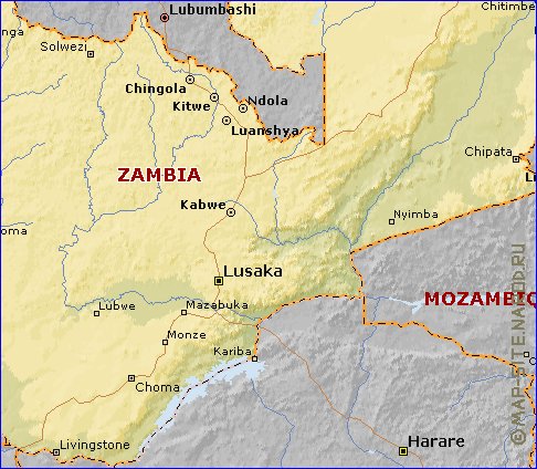 mapa de Zambia em ingles