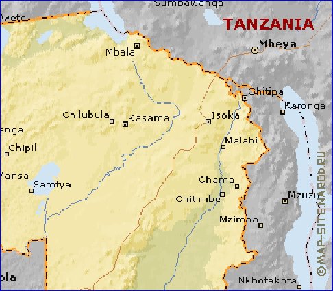 mapa de Zambia em ingles