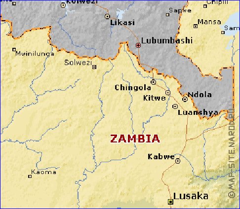 mapa de Zambia em ingles