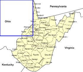 mapa de Virginia Ocidental em ingles